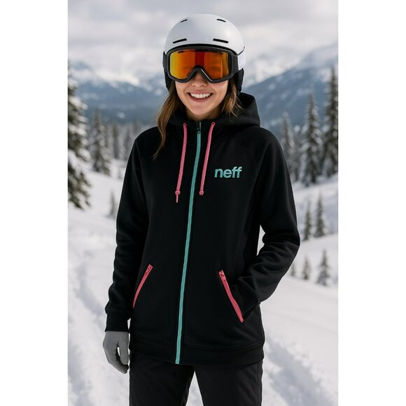 Neff Womens Daily Shredder Hoodie Black W/ Pink & Teal Zipper & Pockets L Polyes - Picture 1 of 9